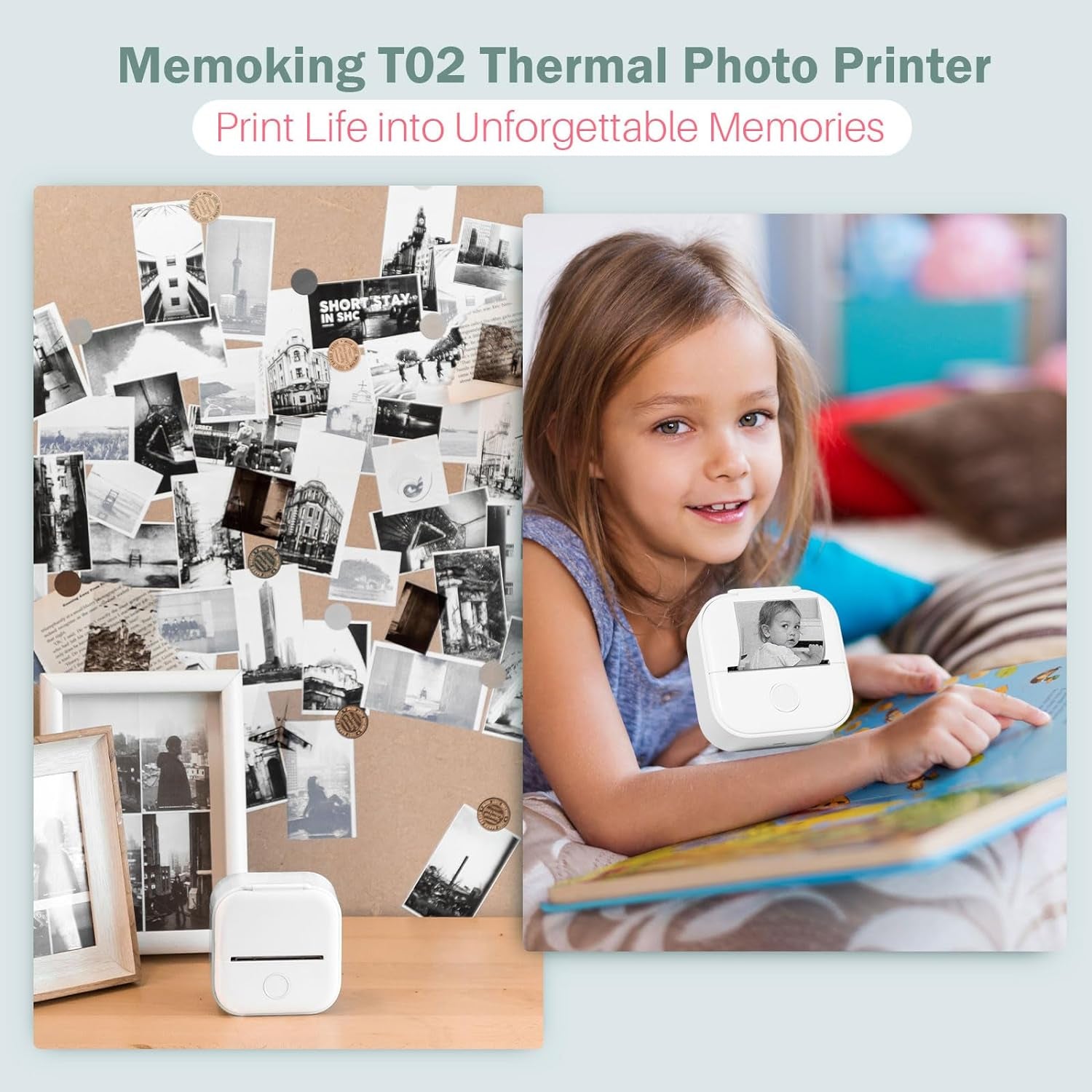 Mini Printer T02 Bluetooth Inkless Instant Photo Printer, Small Thermal Pocket Sticker Printer, Portable Mobile Phone Picture Printer, for Kids Birthday, Children, White